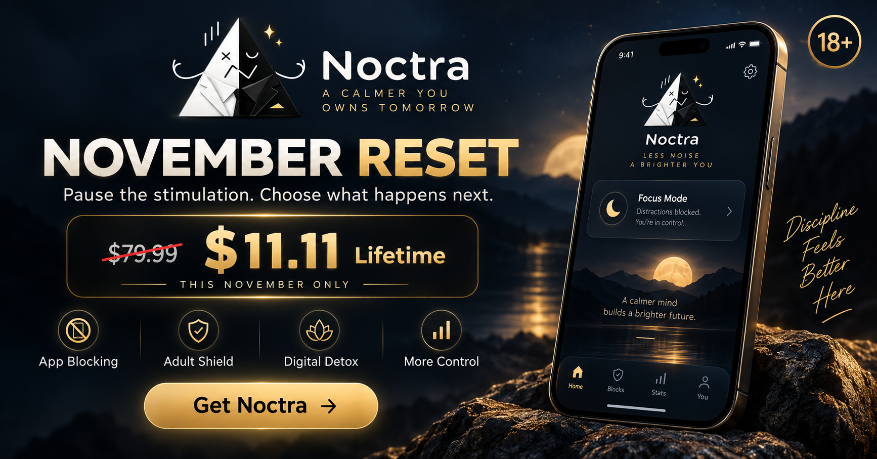Noctra November Reset poster showing the $11.11 Lifetime offer, App Blocking, Adult Shield, Digital Detox, and the Android app