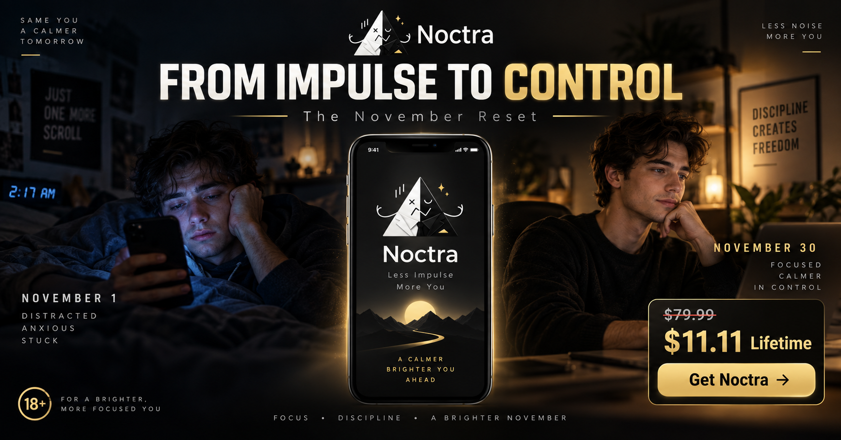 Noctra campaign artwork contrasting a distracted November 1 with a calmer, more focused November 30