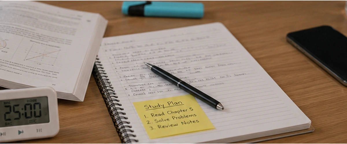 Phone placed away from books and notes during a focused study session