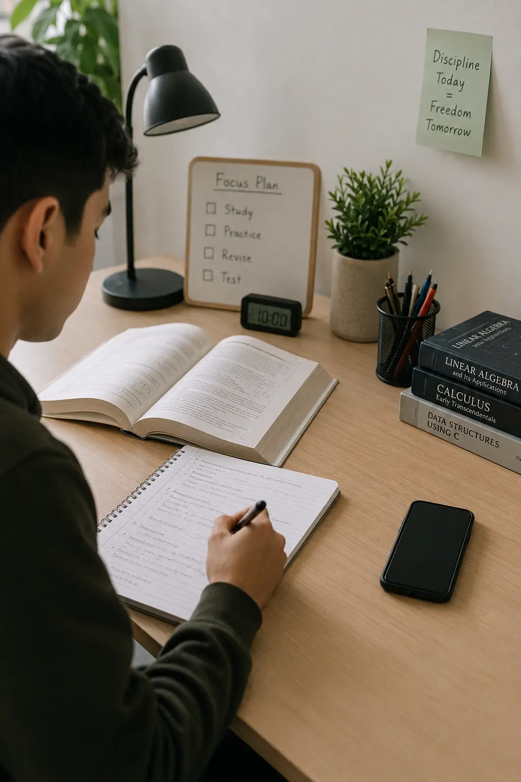 Student studying at a desk while the phone remains away from the main workspace