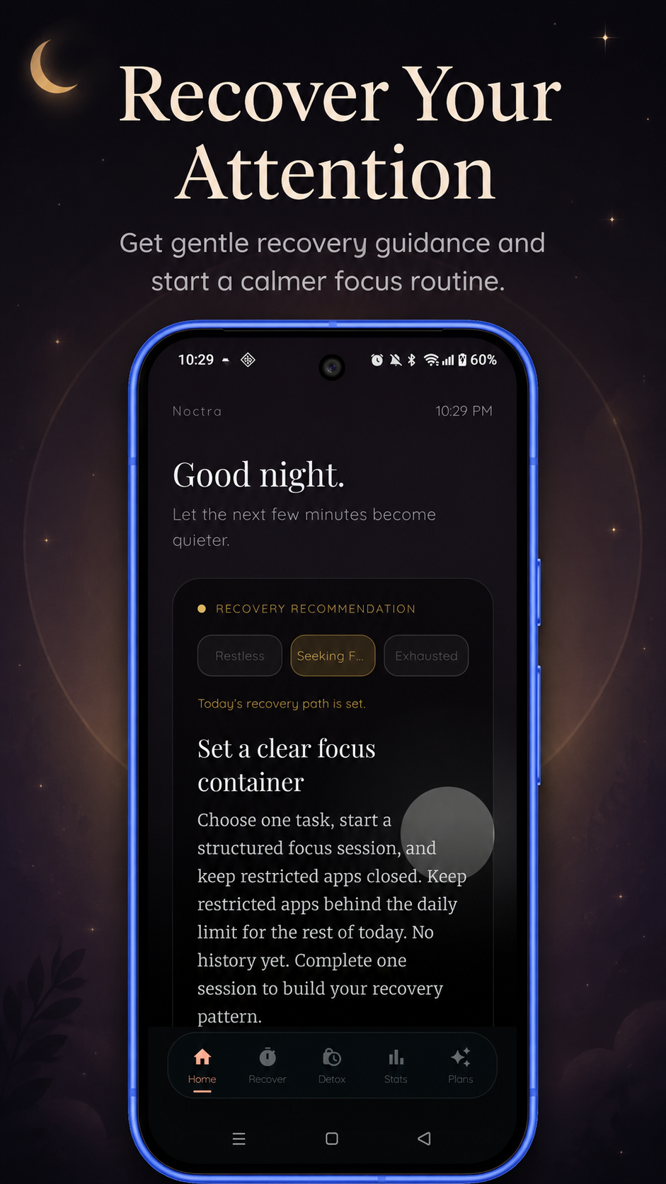 Noctra digital-wellbeing app showing focus and low-stimulation tools