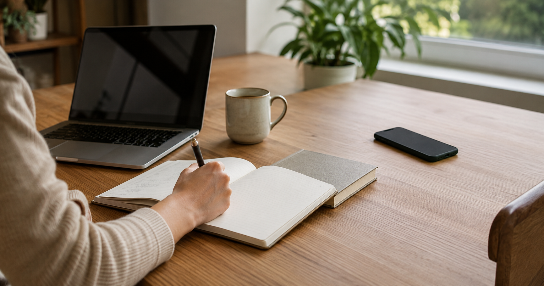 Phone placed away from the main workspace during focused study