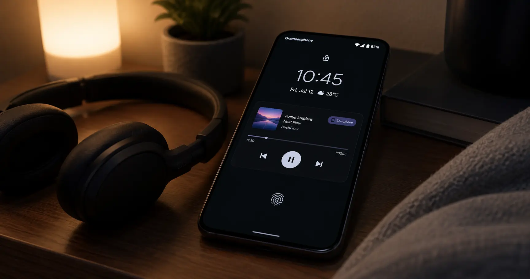 Locked Android phone beside headphones while background audio continues playing