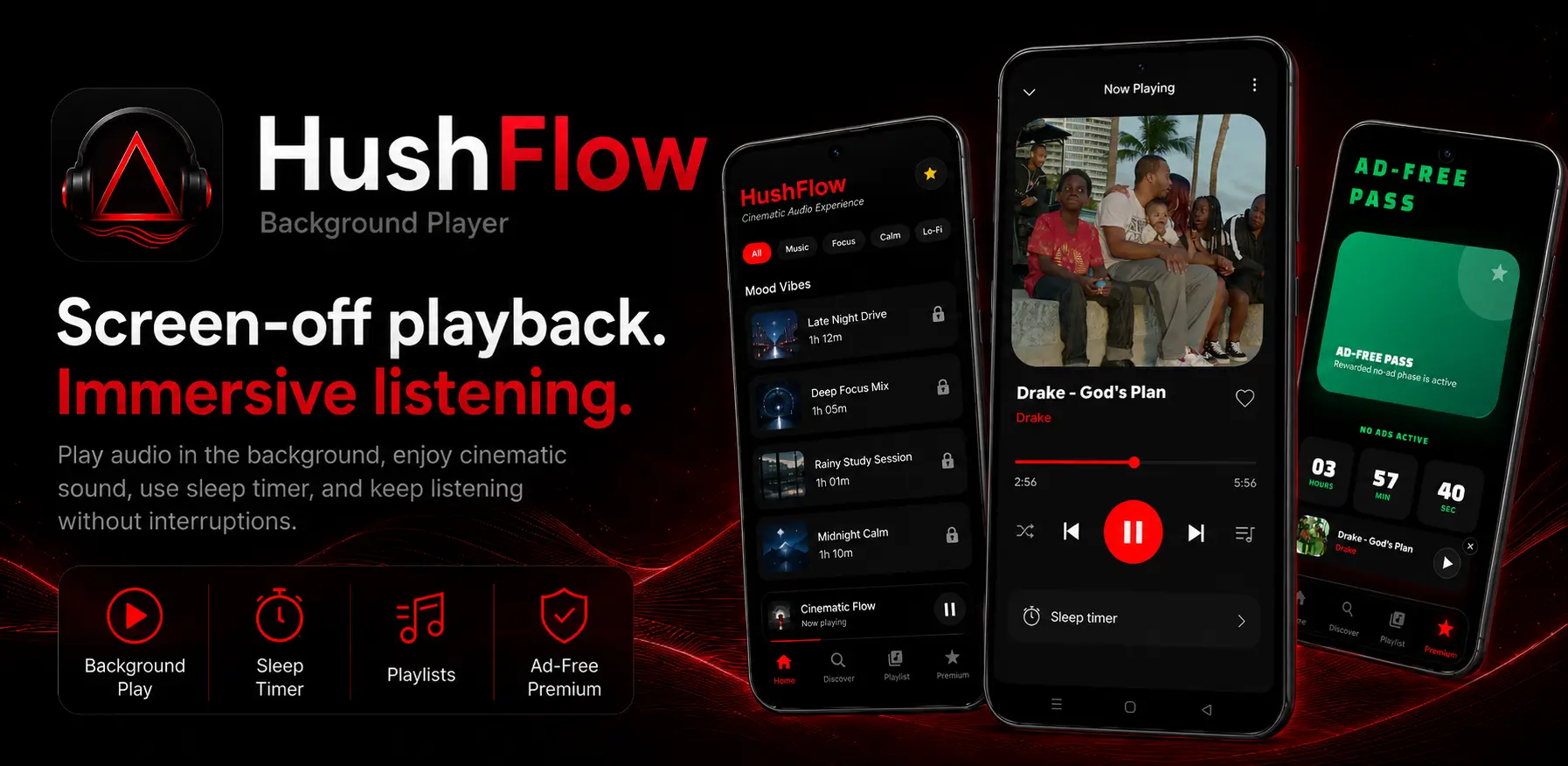 HushFlow Android app showing background audio playback controls