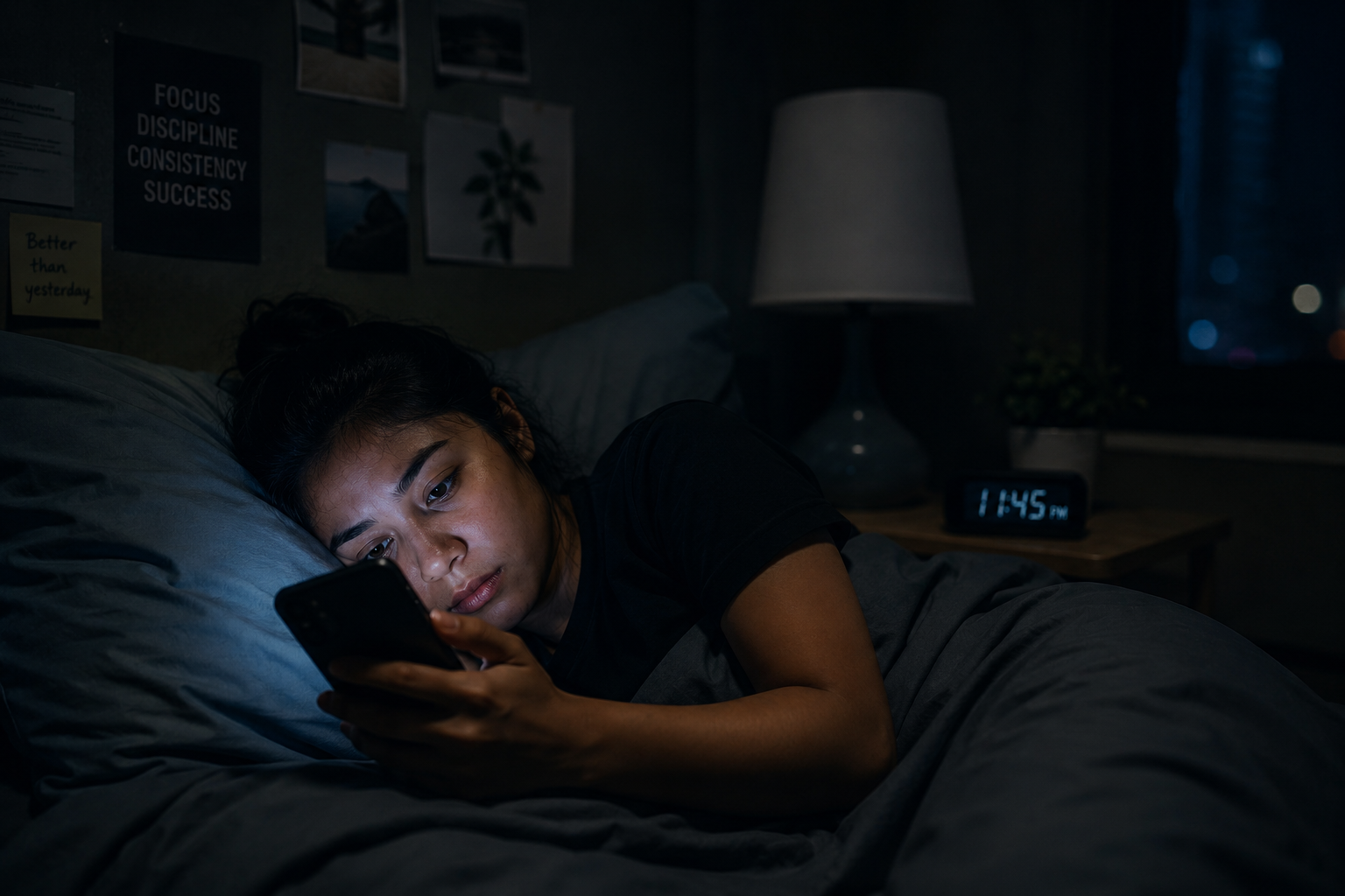 Person scrolling on an Android phone late at night