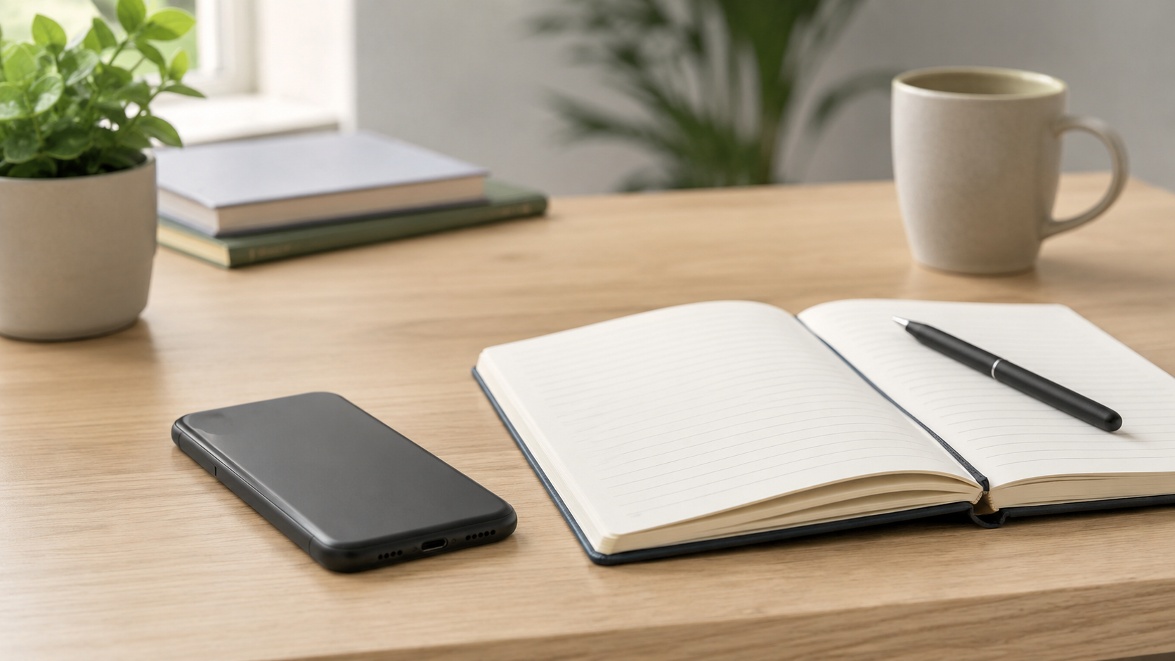 Phone placed face-down beside a notebook during focused work