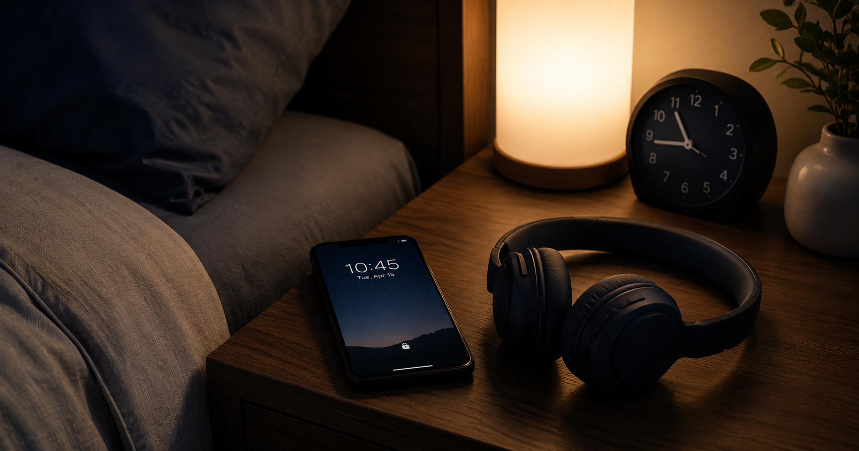Locked Android phone and headphones prepared for bedtime audio listening