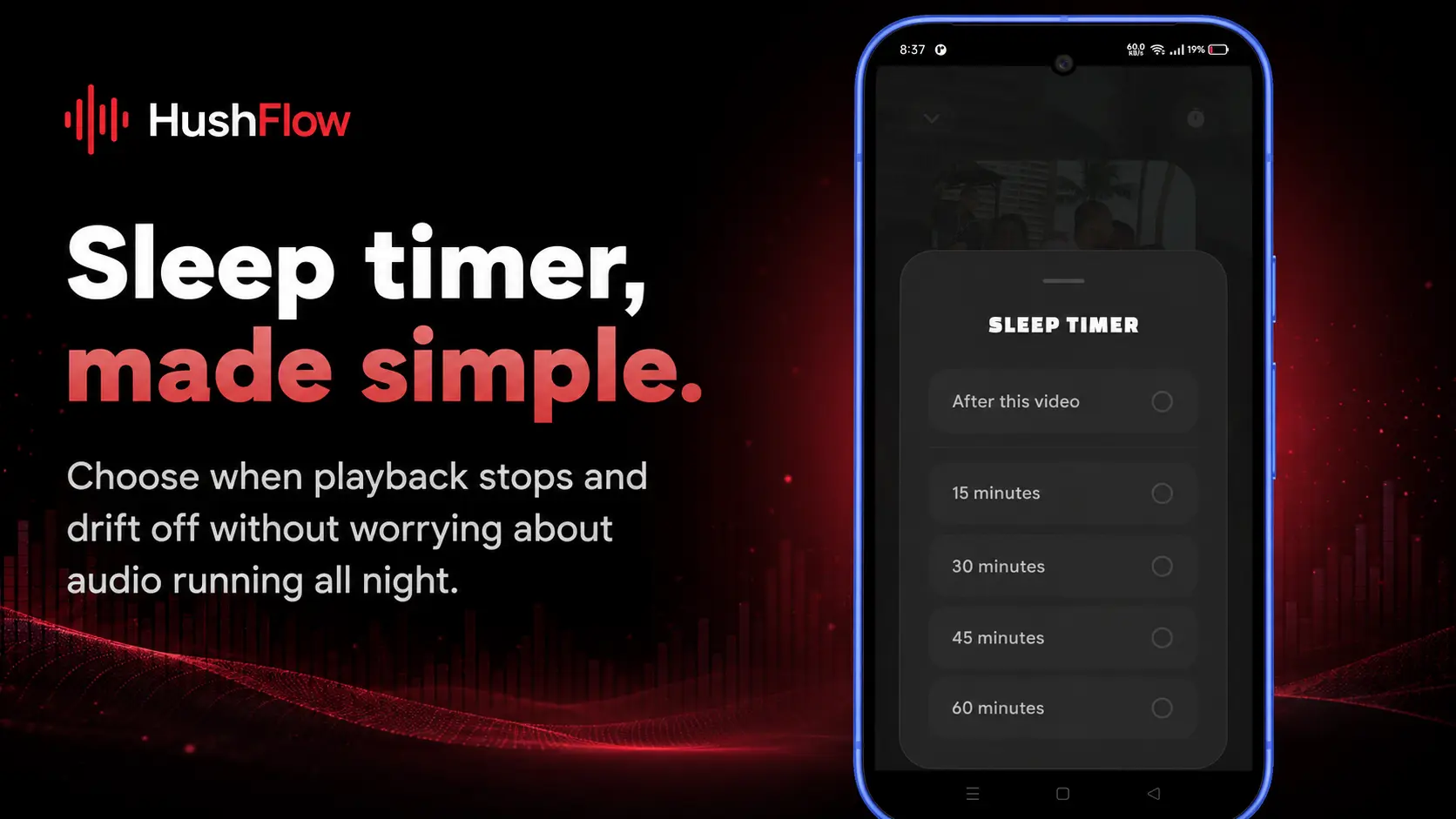 HushFlow Android app showing music playback and sleep-timer controls