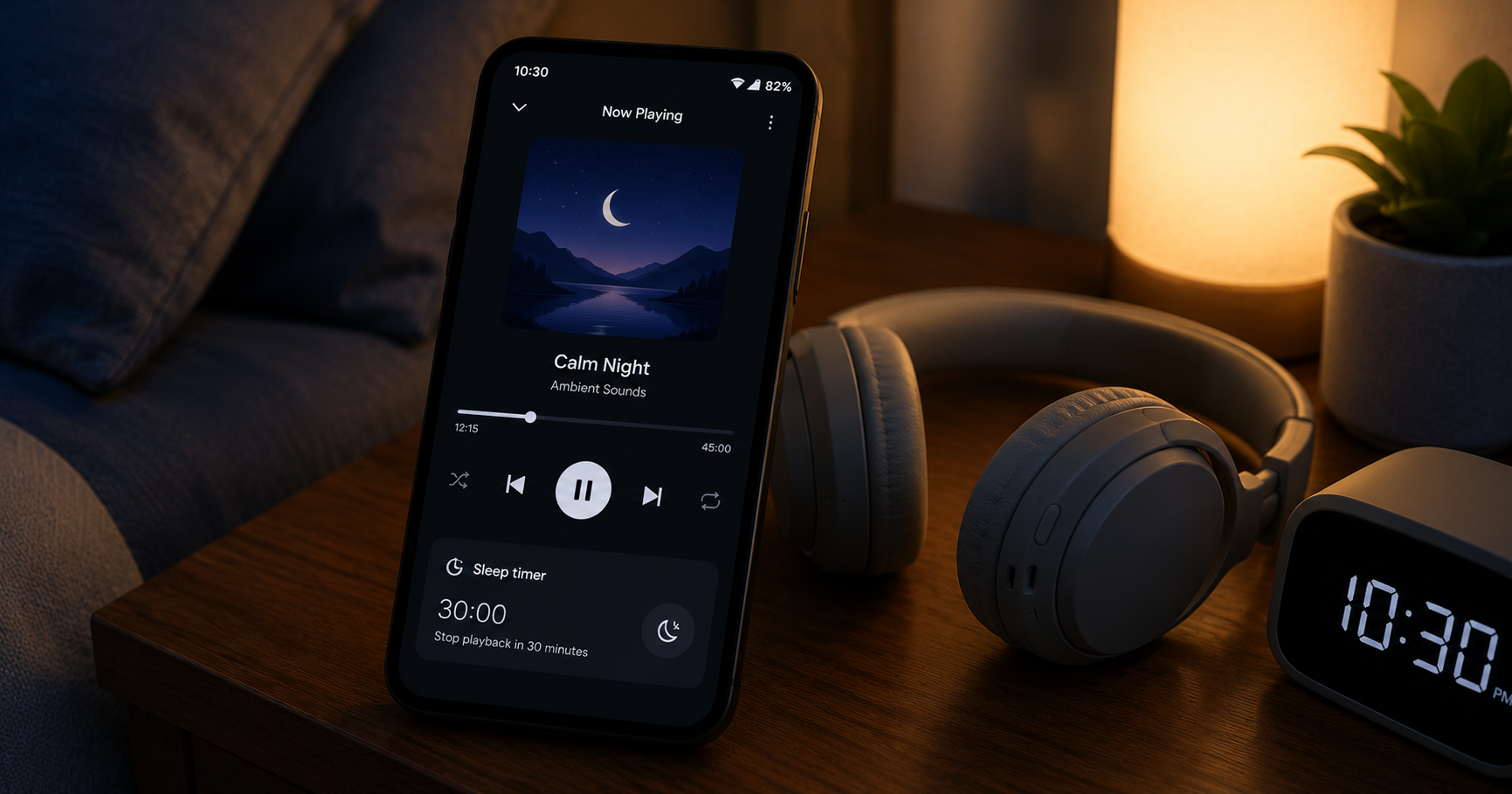 Android phone beside headphones with a music sleep timer set for bedtime