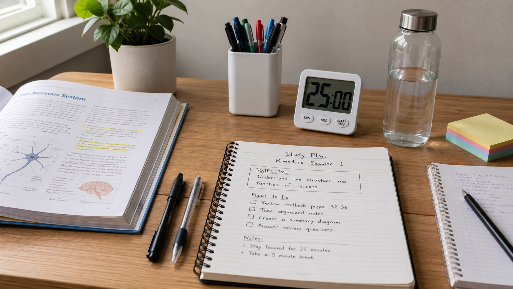 Organized study desk prepared for one focused Pomodoro session