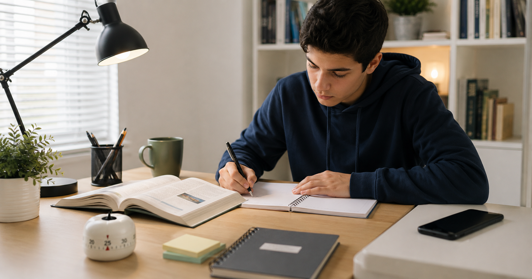 Student using a 25-minute Pomodoro timer while studying at a desk