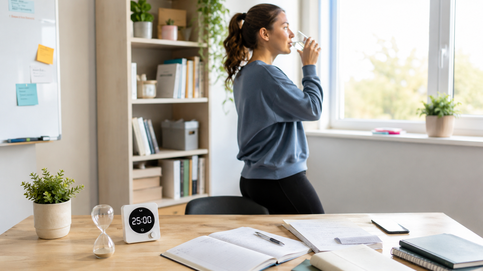 Student taking a short screen-free break between Pomodoro study sessions