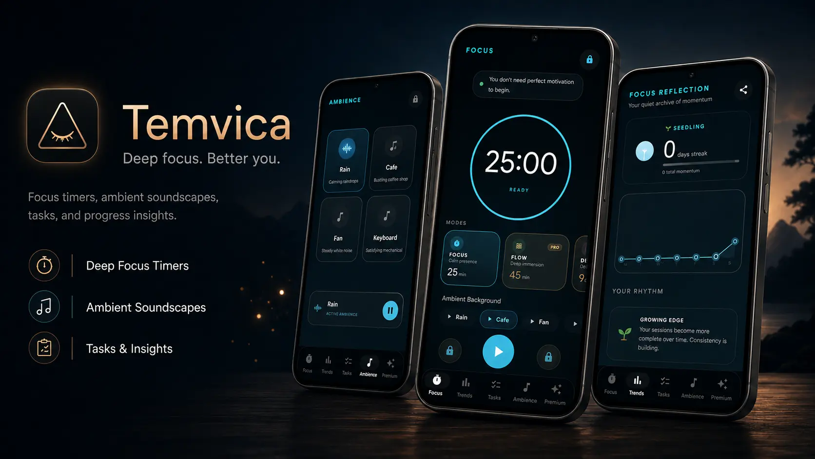 Temvica Android app showing a Pomodoro focus session for studying