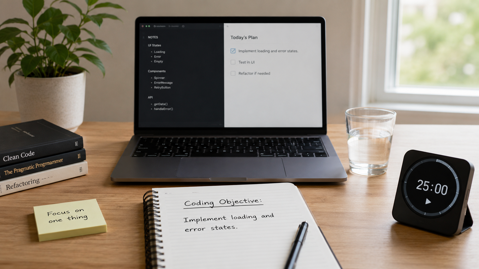 Developer workspace prepared with one clear coding objective and a focus timer