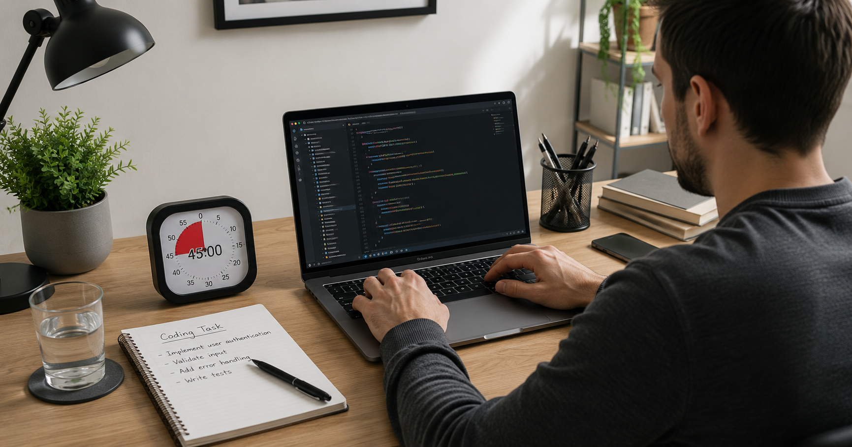 Software developer using a 45-minute Pomodoro timer during a coding session