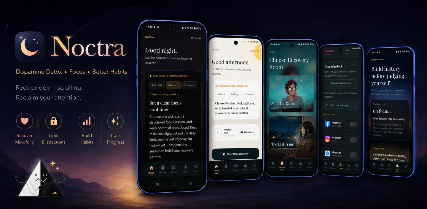 Noctra Android app showing focus-session and digital-detox tools for students