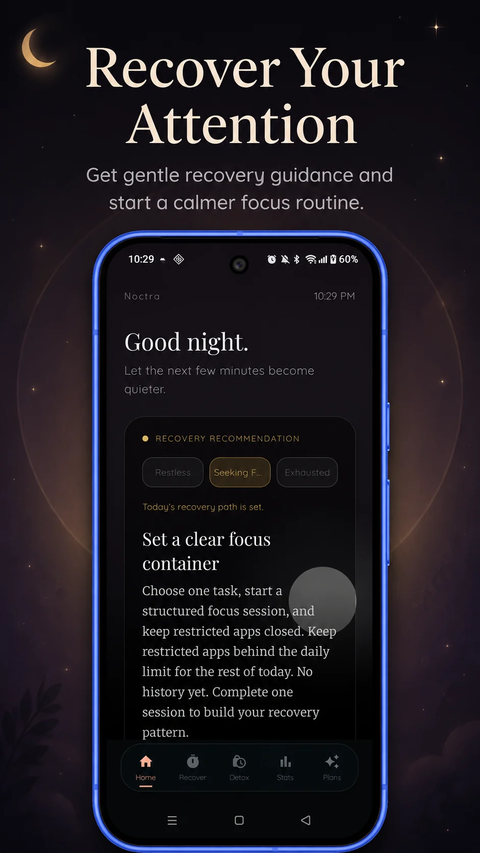 Noctra digital-wellbeing app showing focus and low-stimulation tools