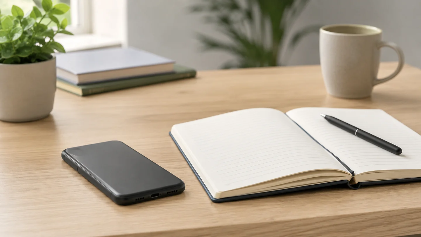 Phone placed face-down beside a notebook during focused work