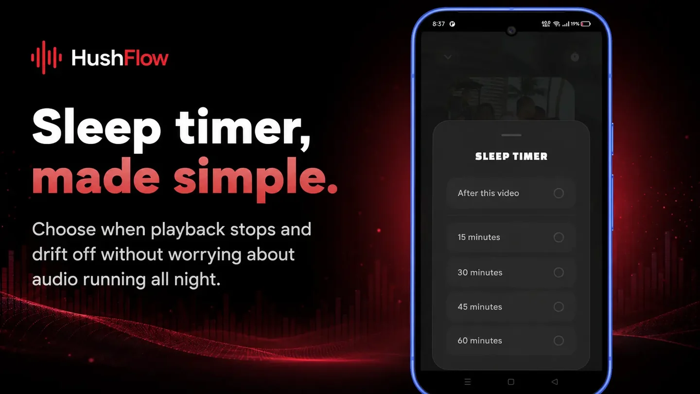 HushFlow Android app showing music playback and sleep-timer controls